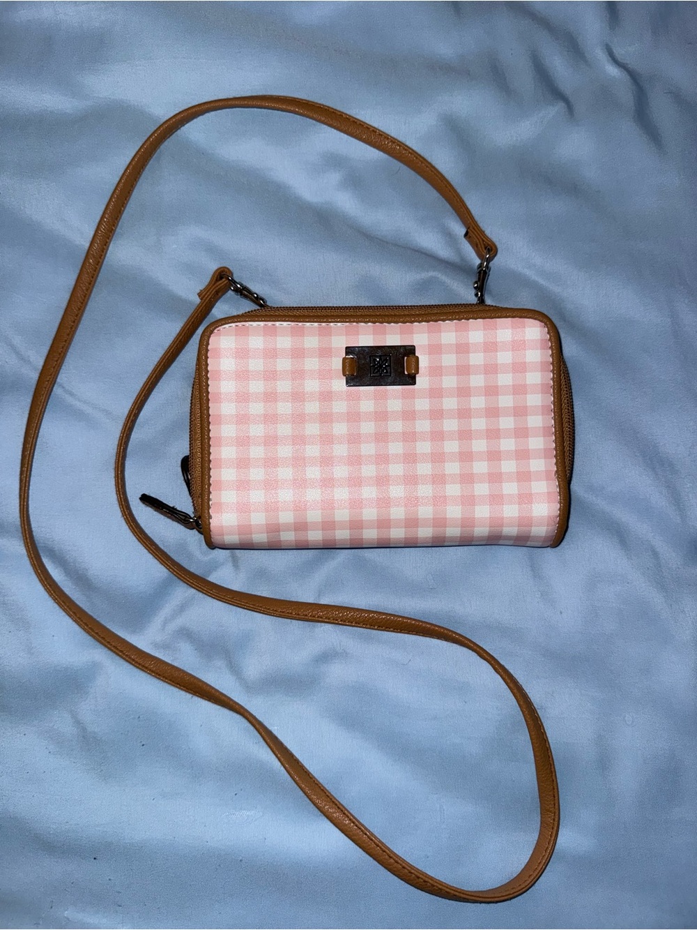 Pink Gingham Crossbody Wallet with Brown Trim